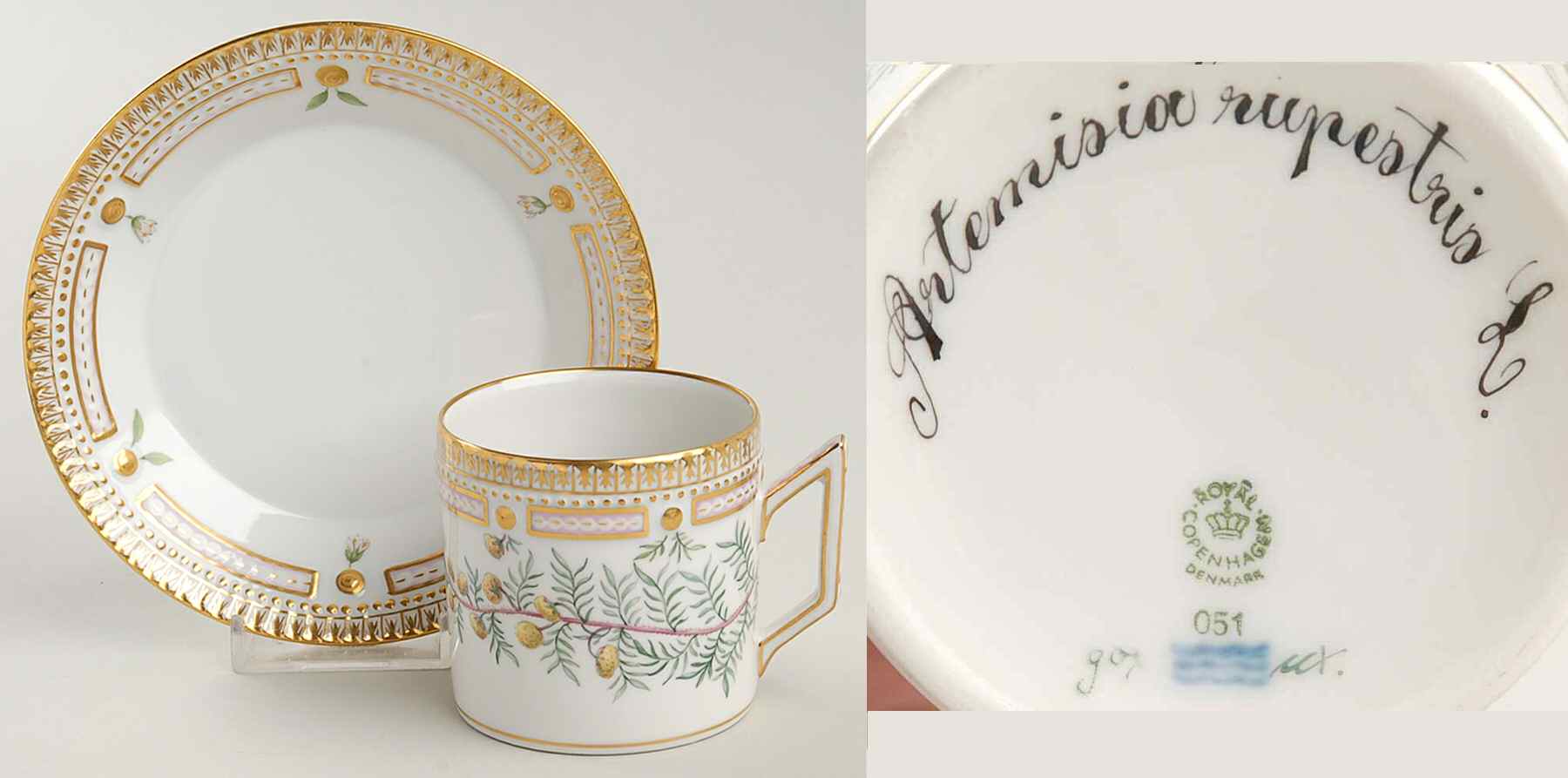 Flora Danica (1961 To Current) Chocolate Cup & Smooth Saucer-Artemisia rupestris by Royal Copenhagen-1