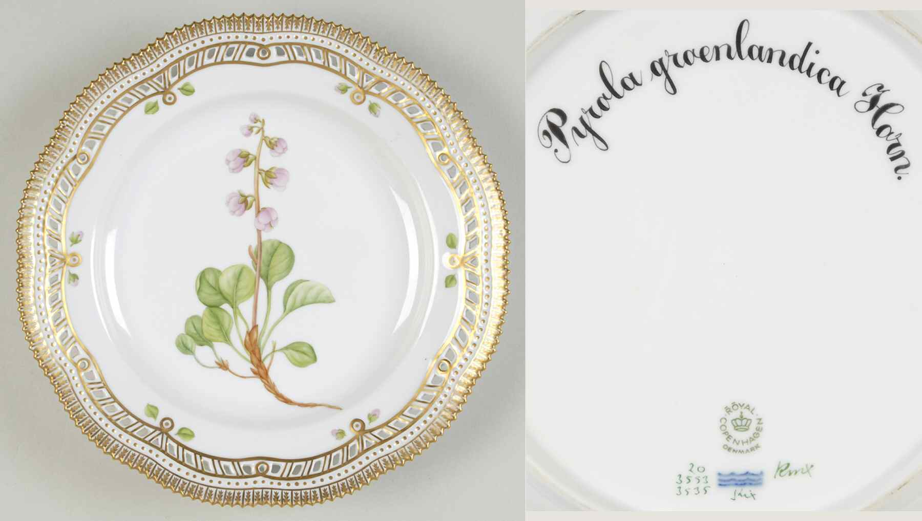 Flora Danica (1961 To Current) 10" Pierced Dinner Plate/Fruit Std-Pyrola groenlan by Royal Copenhagen-1