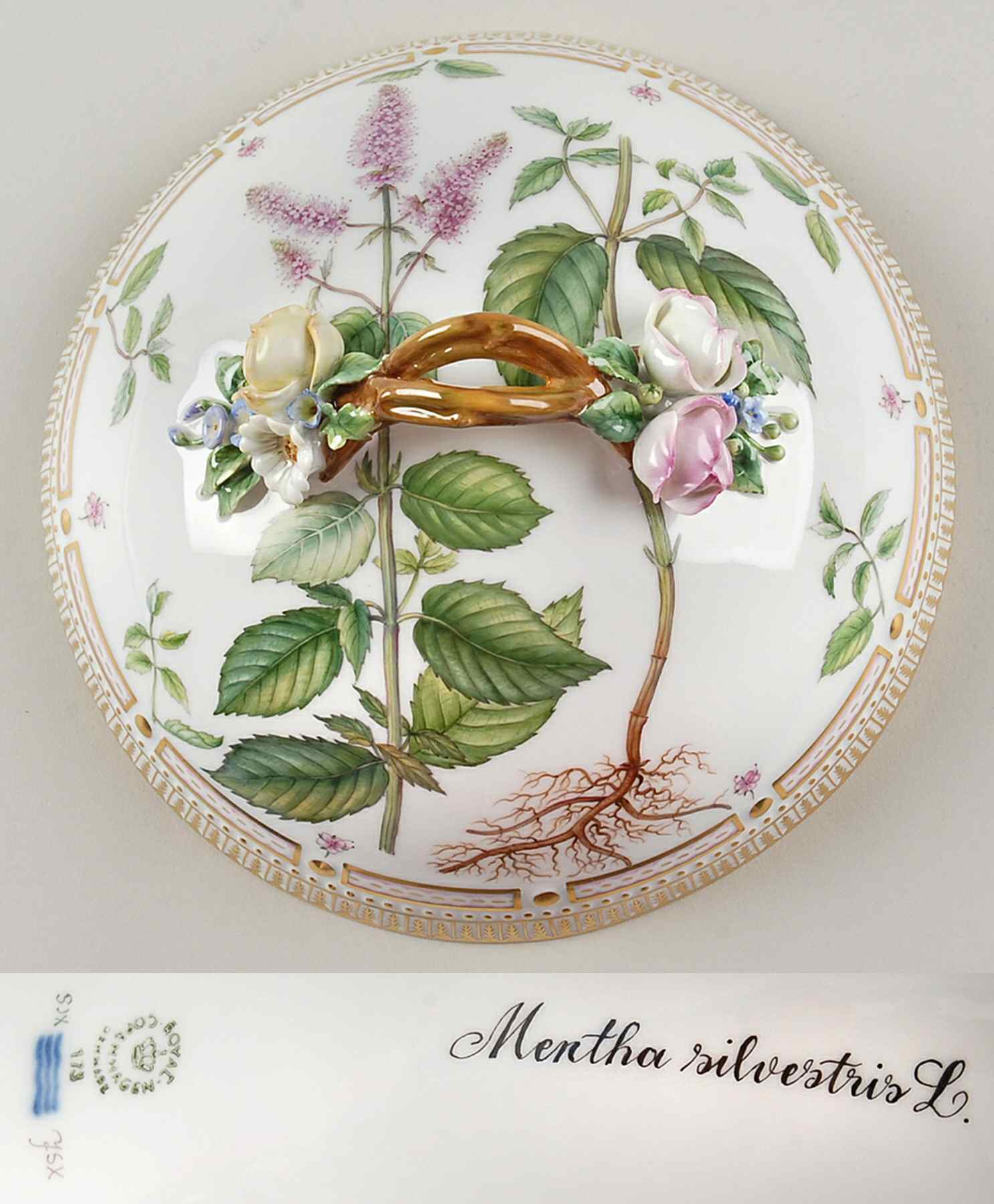 Flora Danica (1961 To Current) Lid for Round Vegetable-Mentha Silvestris L by Royal Copenhagen-1