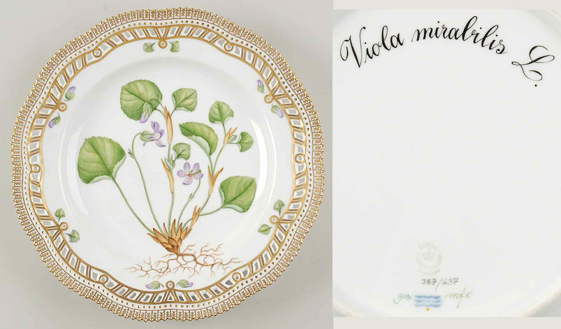 Flora Danica (1961 To Current) 10" Pierced Dinner Plate/Fruit Std-Viola mirabilis by Royal Copenhagen-1