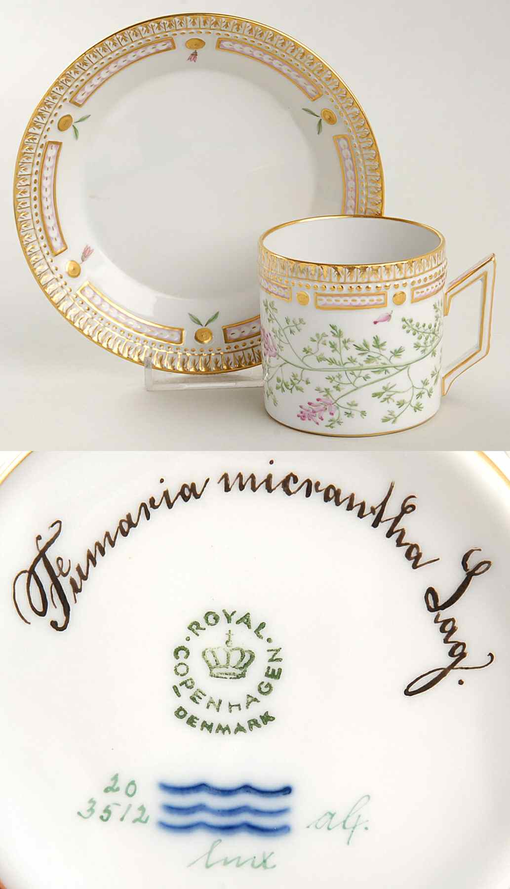 Flora Danica (1961 To Current) Chocolate Cup & Smooth Saucer-Fumaria micrantha La by Royal Copenhagen-1