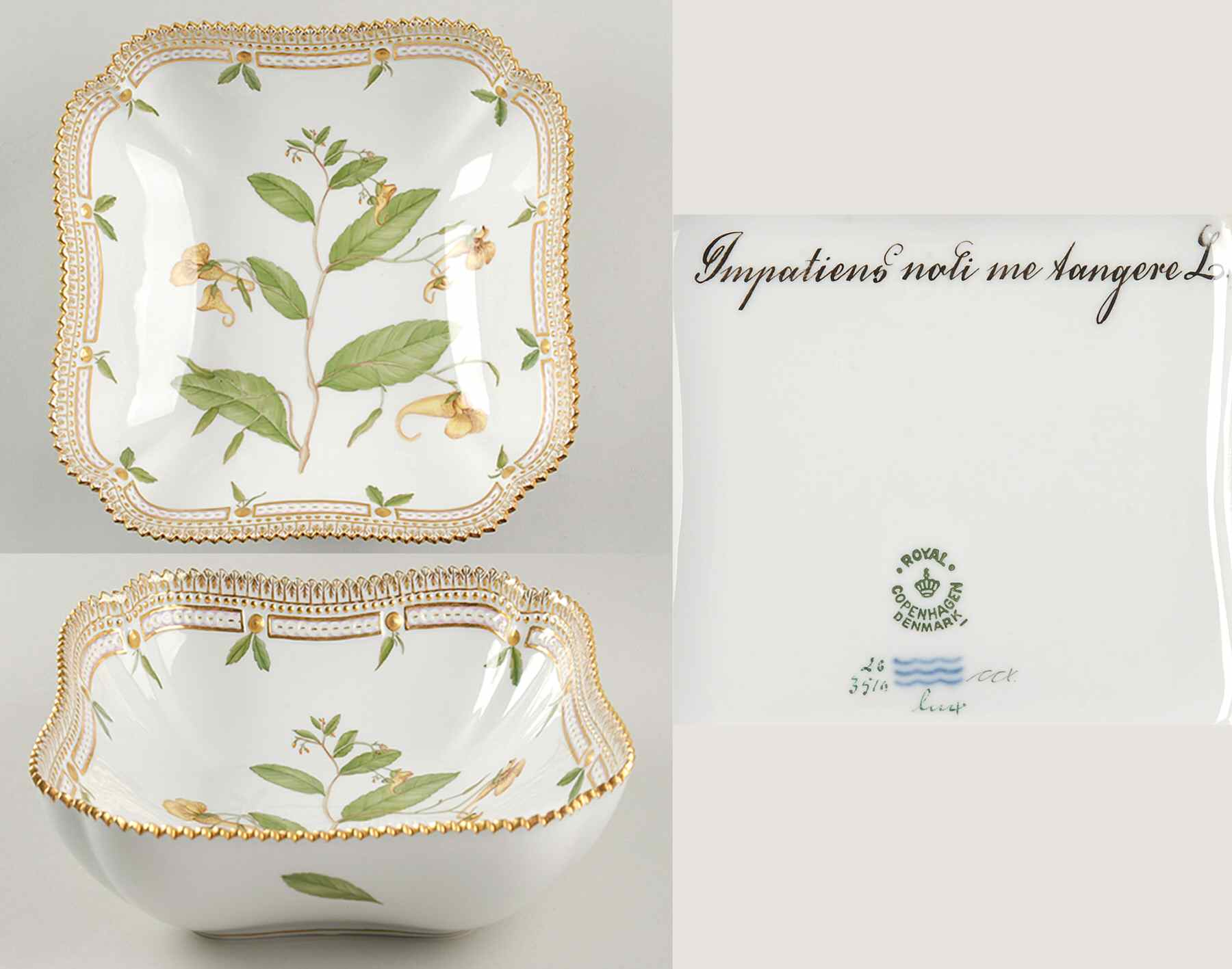 Flora Danica (1961 To Current) 8" Square Salad Serving Bowl-Impatiens noli me tan by Royal Copenhagen-1