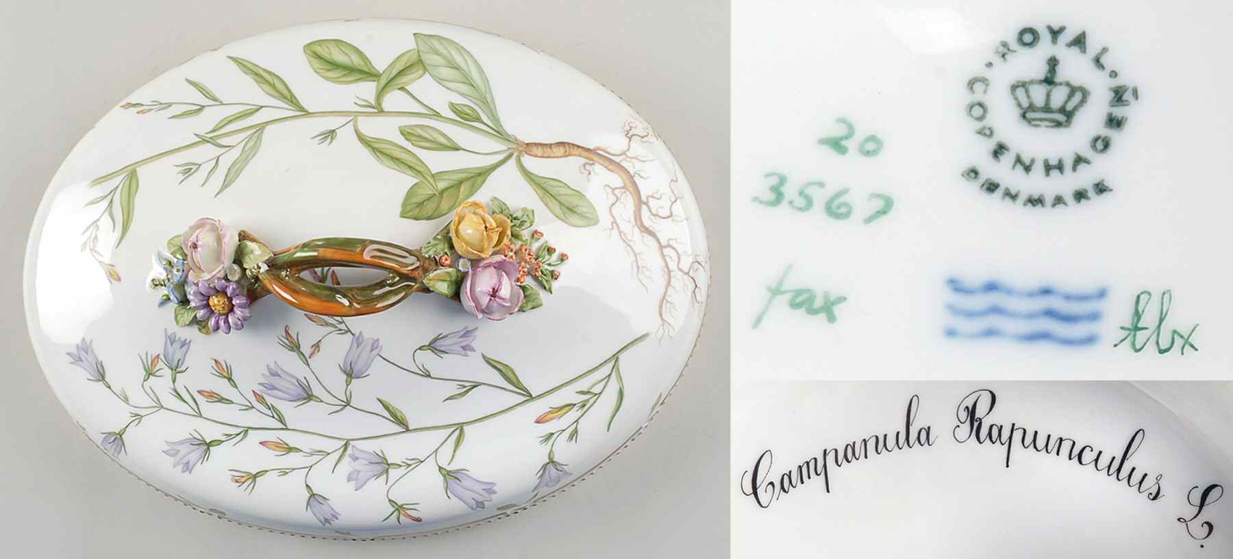Flora Danica (1961 To Current) Lid for Oval Vegetable-Campanula Rapunculus L by Royal Copenhagen-1
