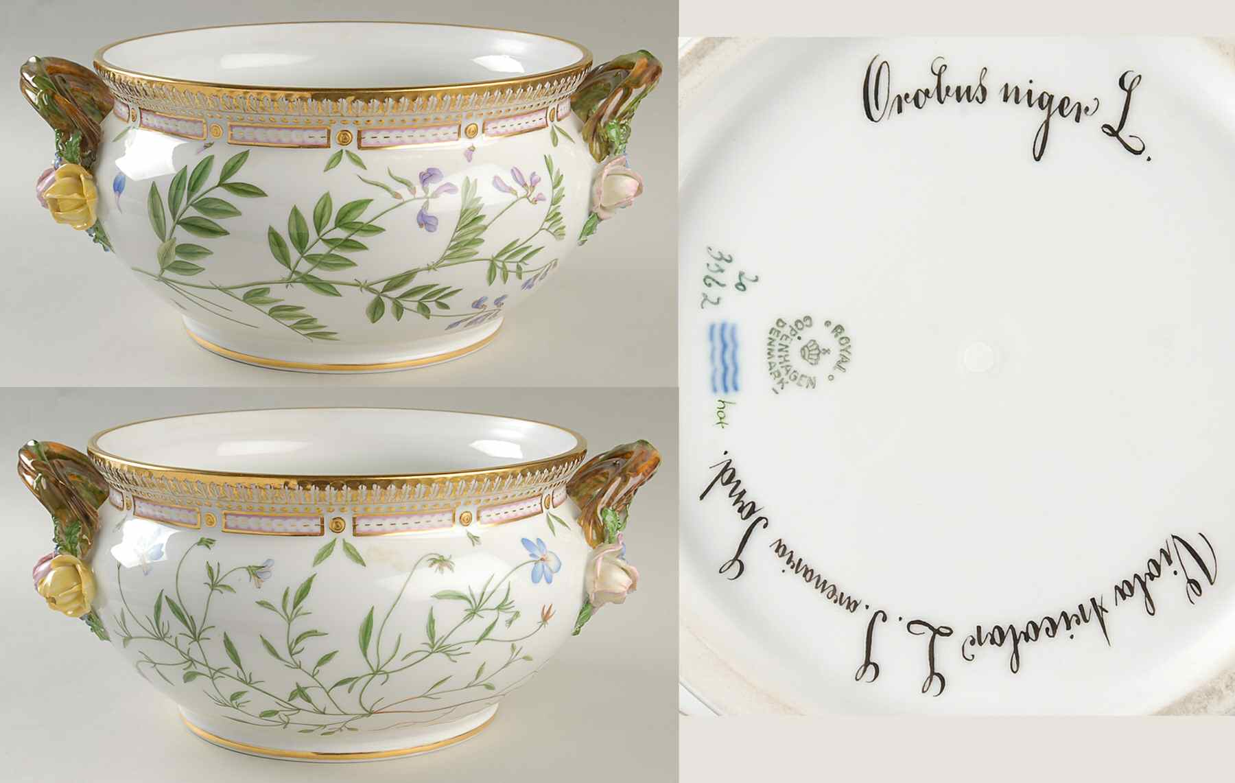Flora Danica (1961 To Current) 3 Qt Tureen No Lid-Orbbus niger,Viola tricolor L S by Royal Copenhagen-1