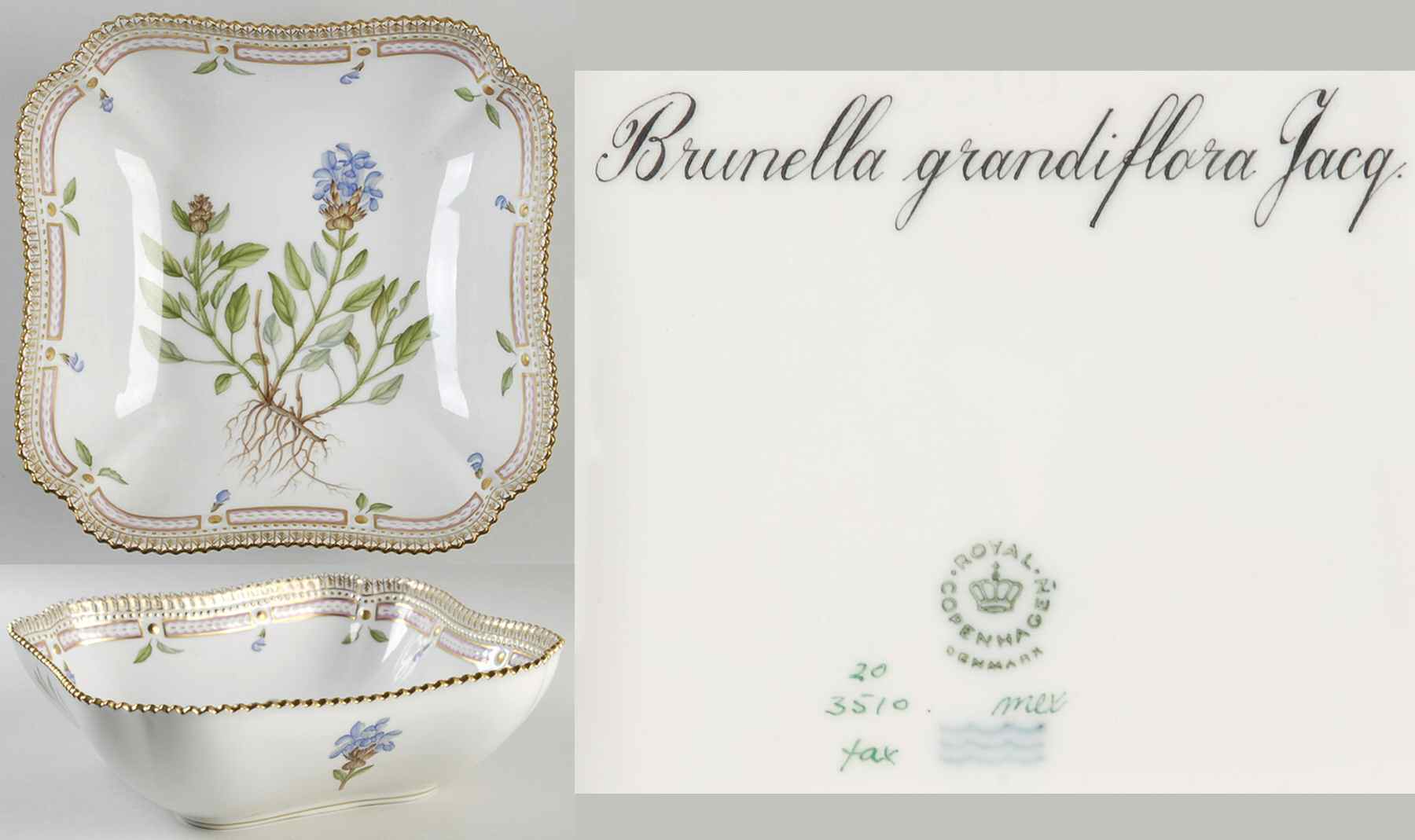 Flora Danica (1961 To Current) 8" Square Salad Serving Bowl-Brunella grandiflora by Royal Copenhagen-1