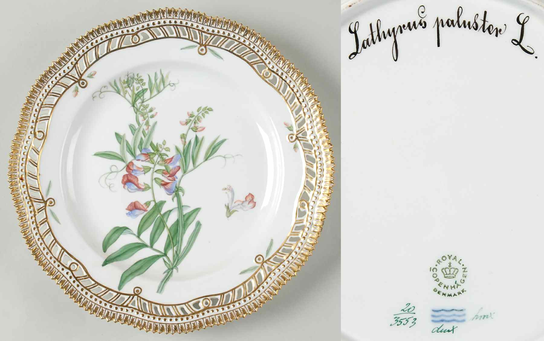 Flora Danica (1961 To Current) 10" Pierced Dinner Plate/Fruit Std-Lathyrus palust by Royal Copenhagen-1