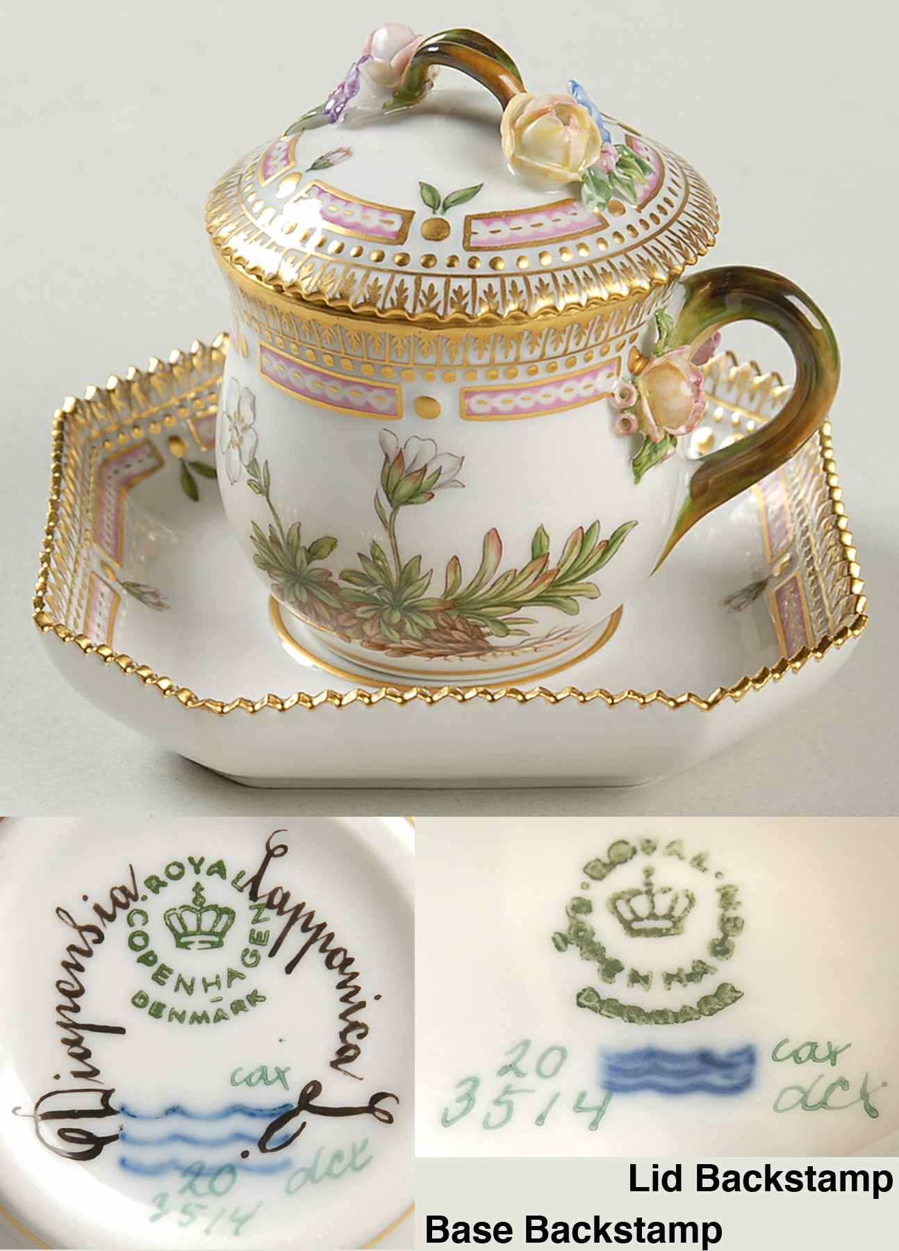 Flora Danica (1961 To Current) Round Custard Cup, Saucer & Lid-Diapensia lapponic by Royal Copenhagen-1