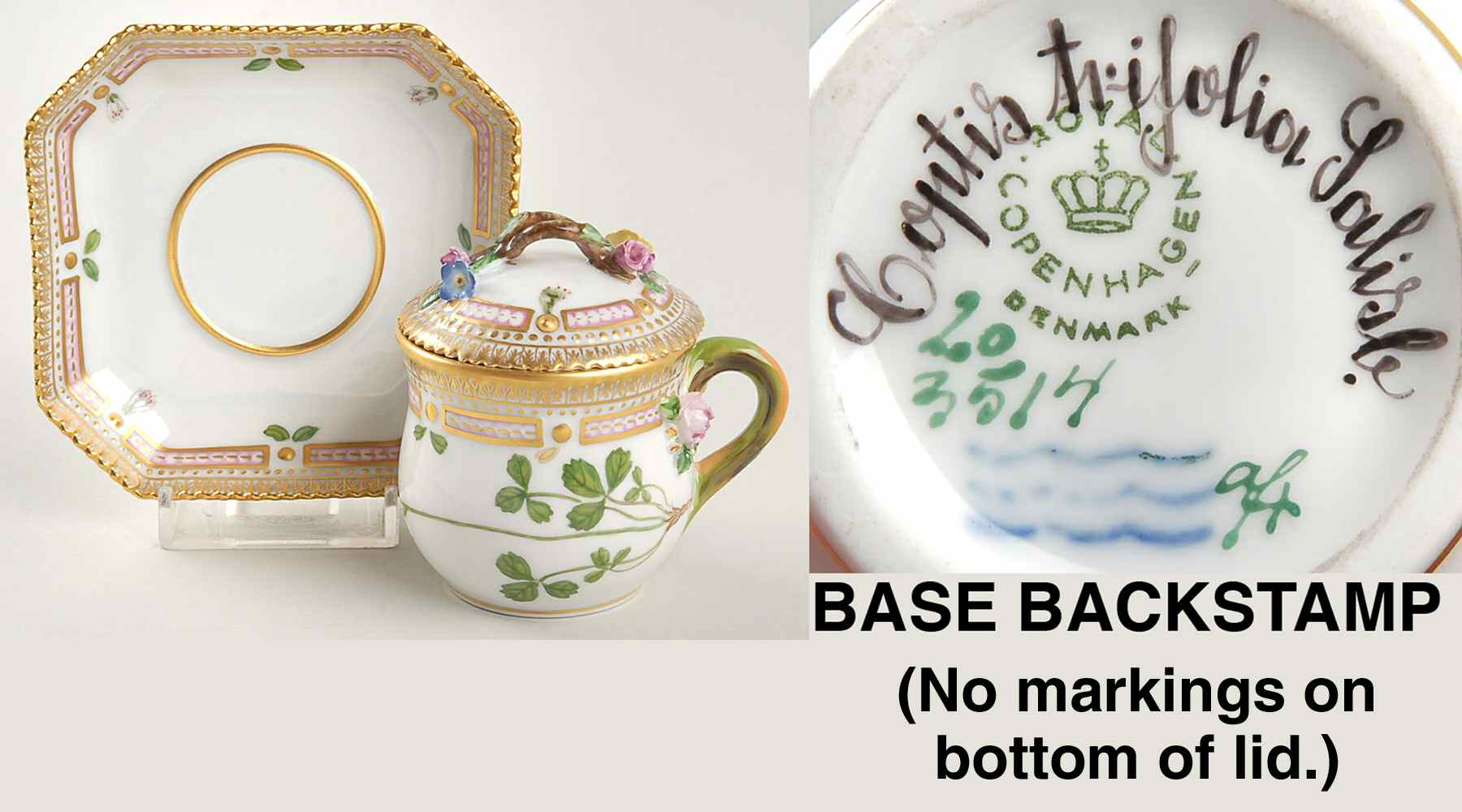 Flora Danica (1961 To Current) Round Custard Cup, Saucer & Lid-Coptis trifolia Sa by Royal Copenhagen-1