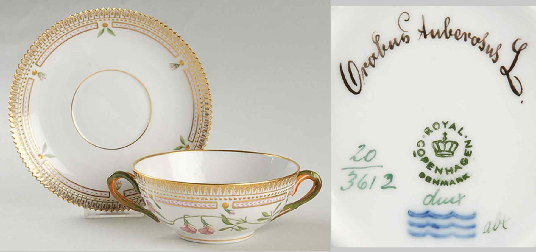 Flora Danica (1961 To Current) Flat Cream Soup & Saucer-Orabus Auberosus L by Royal Copenhagen-1