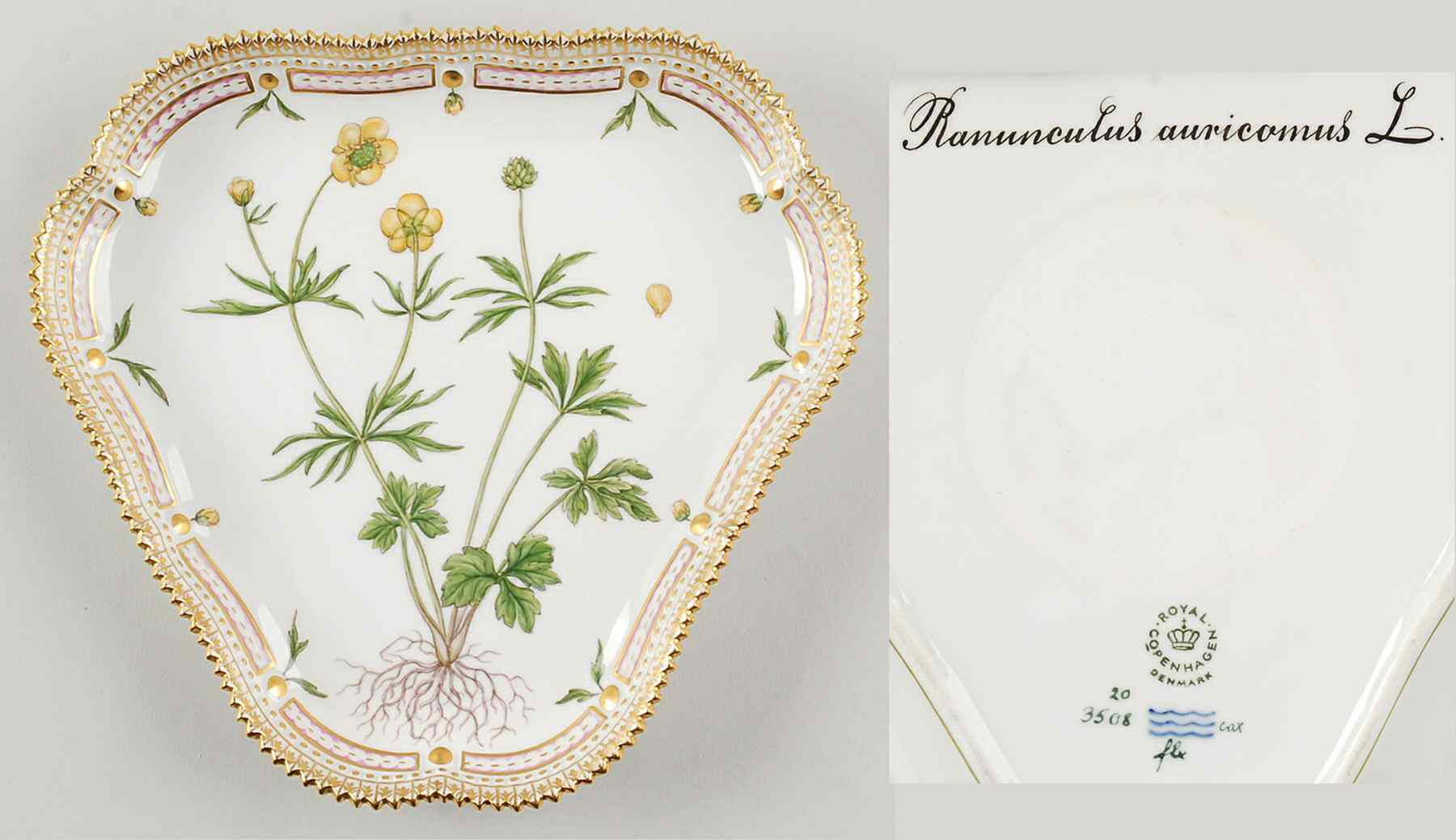 Flora Danica (1961 To Current) 9" Triangular Cake Plate-Ranunculus auricomus L by Royal Copenhagen-1