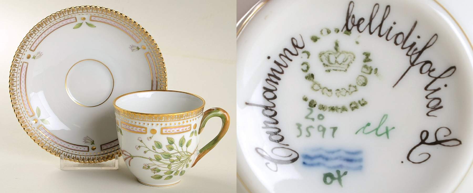 Flora Danica (1961 To Current) Flat Cup & Saucer Set-Cardamine bellidifolia L. by Royal Copenhagen-1