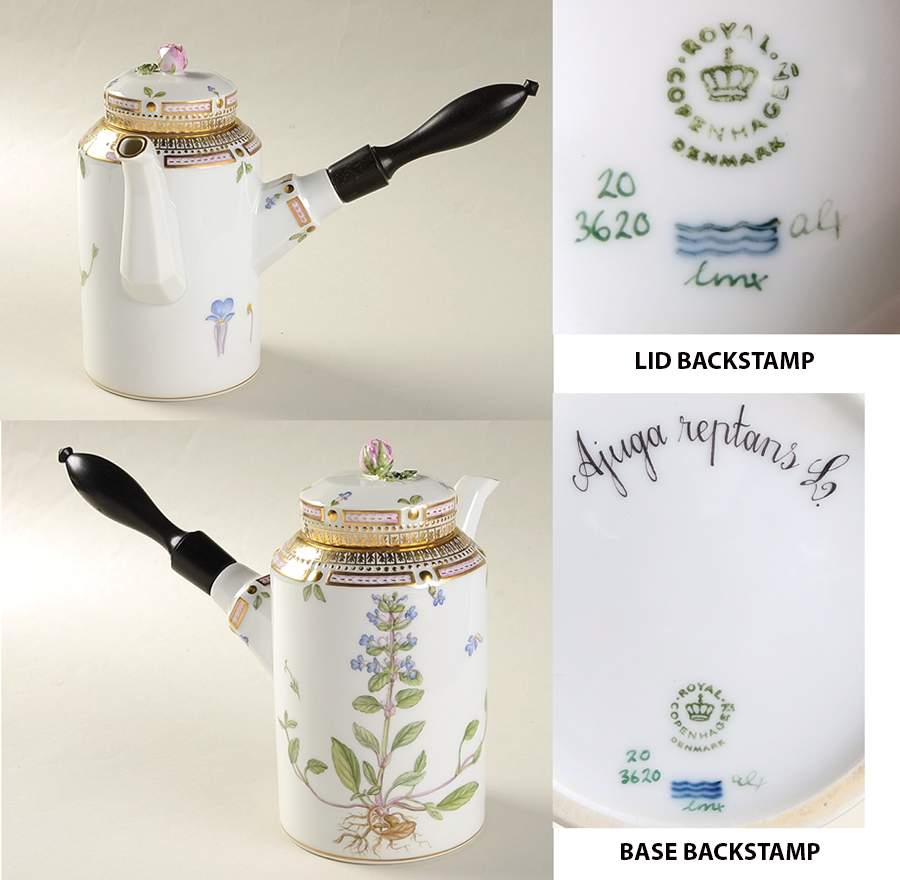 Flora Danica (1961 To Current) Ebony Handle Coffee Pot & Lid-Ajuga reptans L. by Royal Copenhagen-1