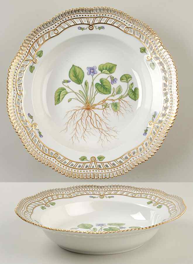 Flora Danica (1961 To Current) Pierced Large Rim Soup Bowl-Viola odorata L. by Royal Copenhagen-1