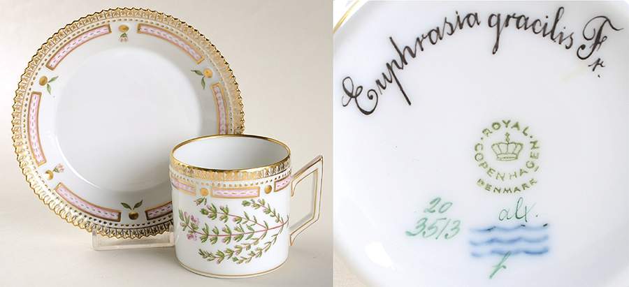 Flora Danica (1961 To Current) Chocolate Cup & Serrated Saucer-Euphrasia gracilis by Royal Copenhagen-1