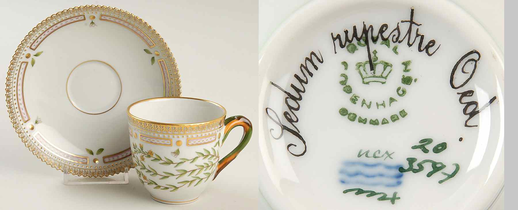 Flora Danica (1961 To Current) Flat Cup & Saucer Set-Sedum rupestre Ord. by Royal Copenhagen-1