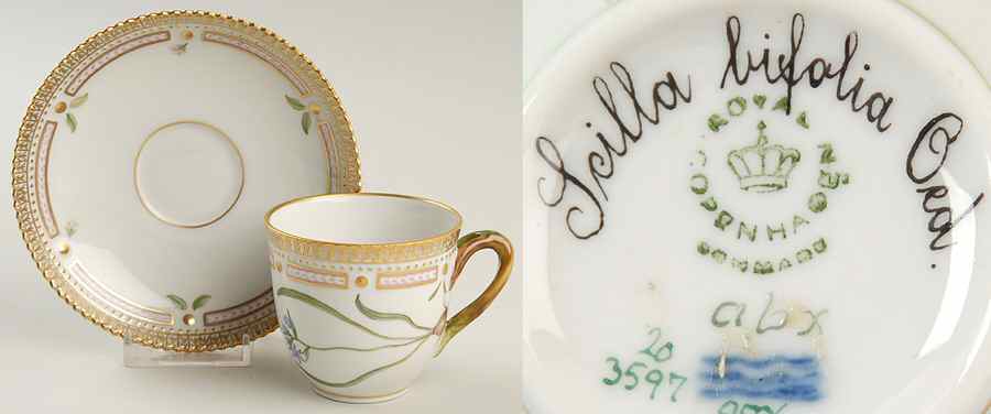 Flora Danica (1961 To Current) Flat Cup & Saucer Set-Scilla bifolia Ord. by Royal Copenhagen-1