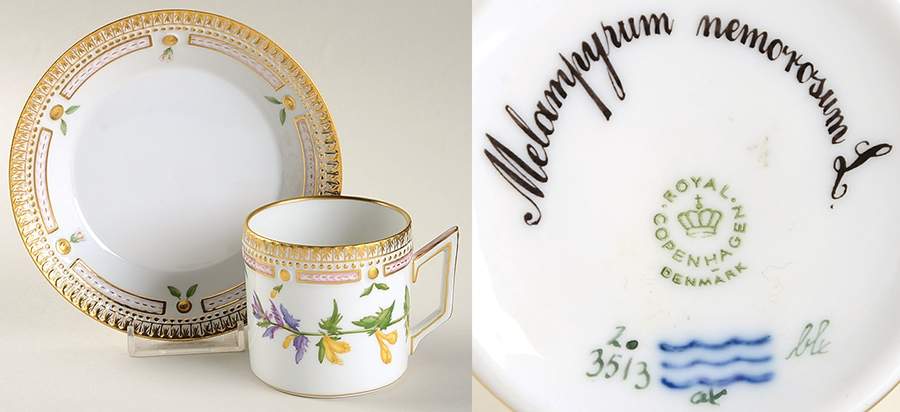 Flora Danica (1961 To Current) Chocolate Cup & Smooth Saucer-Melanpyrum nemoros by Royal Copenhagen-1