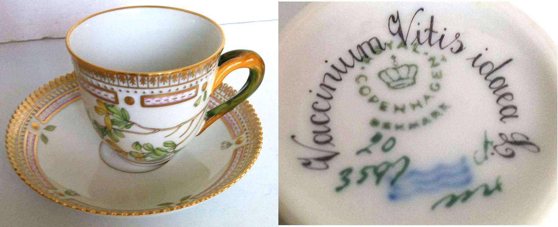 Flora Danica (1961 To Current) Flat Cup & Saucer Set-Vaccinium Vitis idaea L. by Royal Copenhagen-1