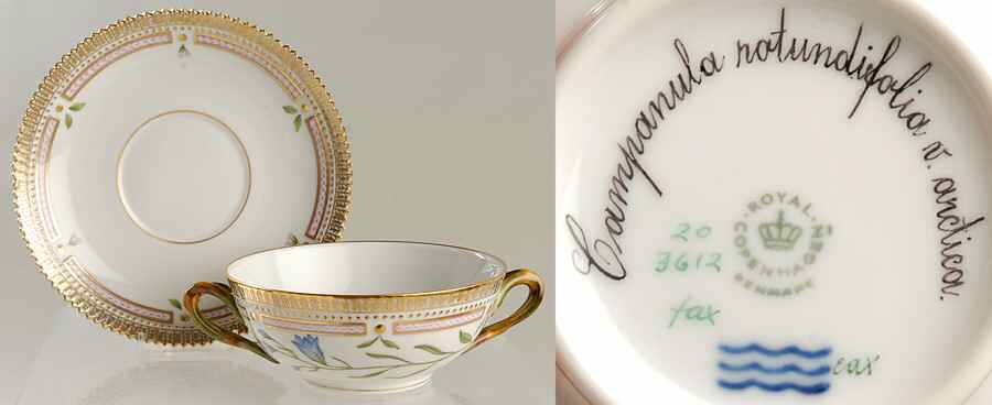 Flora Danica (1961 To Current) Flat Cream Soup & Saucer-Campanula rotundifolia v by Royal Copenhagen-1