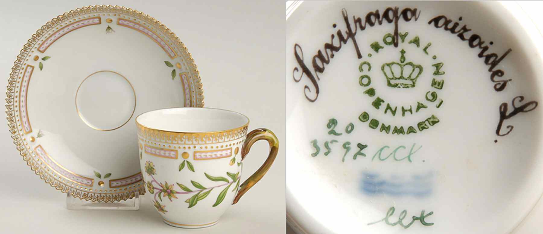 Flora Danica (1961 To Current) Flat Cup & Saucer Set-Saxifraga aizoides L. by Royal Copenhagen-1