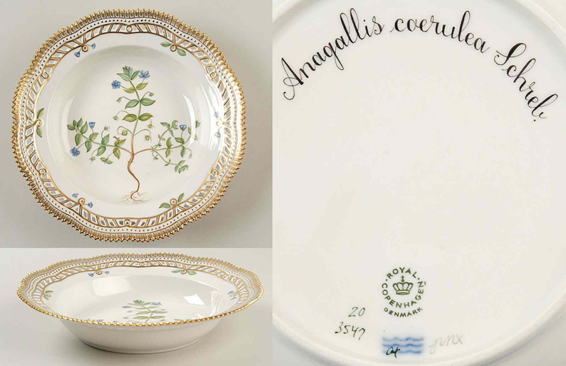Flora Danica (1961 To Current) Pierced Large Rim Soup Bowl-Anagallis coerulea Sch by Royal Copenhagen-1