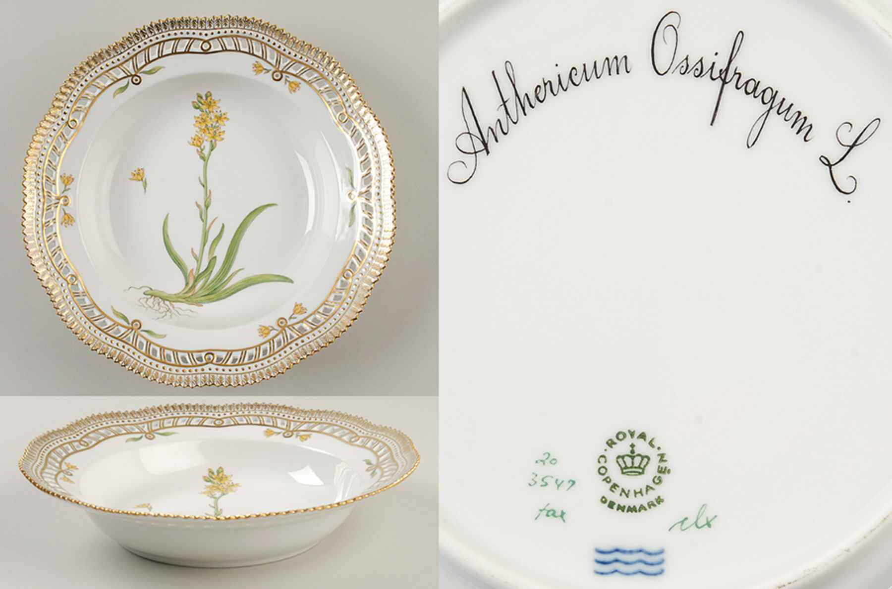 Flora Danica (1961 To Current) Pierced Large Rim Soup Bowl-Anthericum Ossifragum by Royal Copenhagen-1