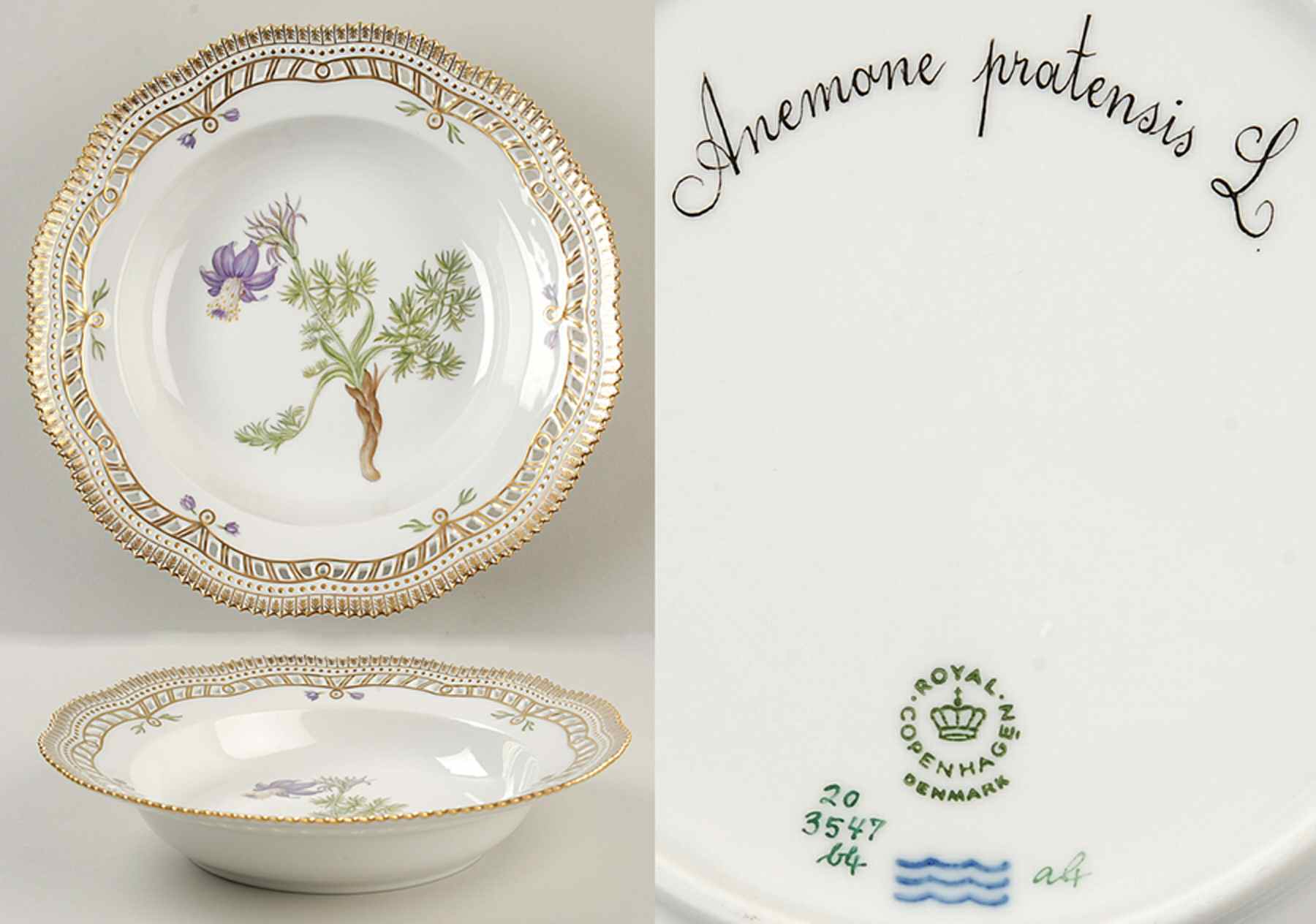 Flora Danica (1961 To Current) Pierced Large Rim Soup Bowl-Anemone pratensis L. by Royal Copenhagen-1