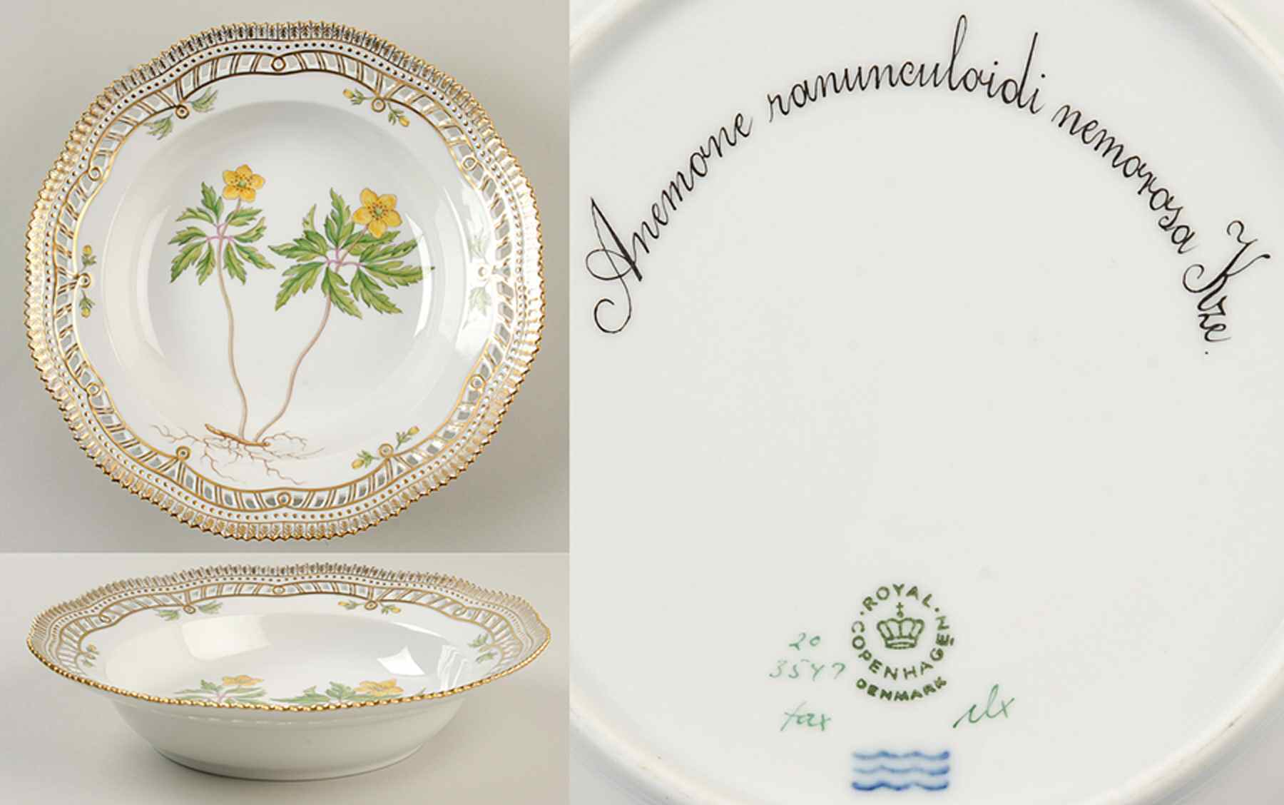 Flora Danica (1961 To Current) Pierced Large Rim Soup Bowl-Anemone ranunculoidi n by Royal Copenhagen-1