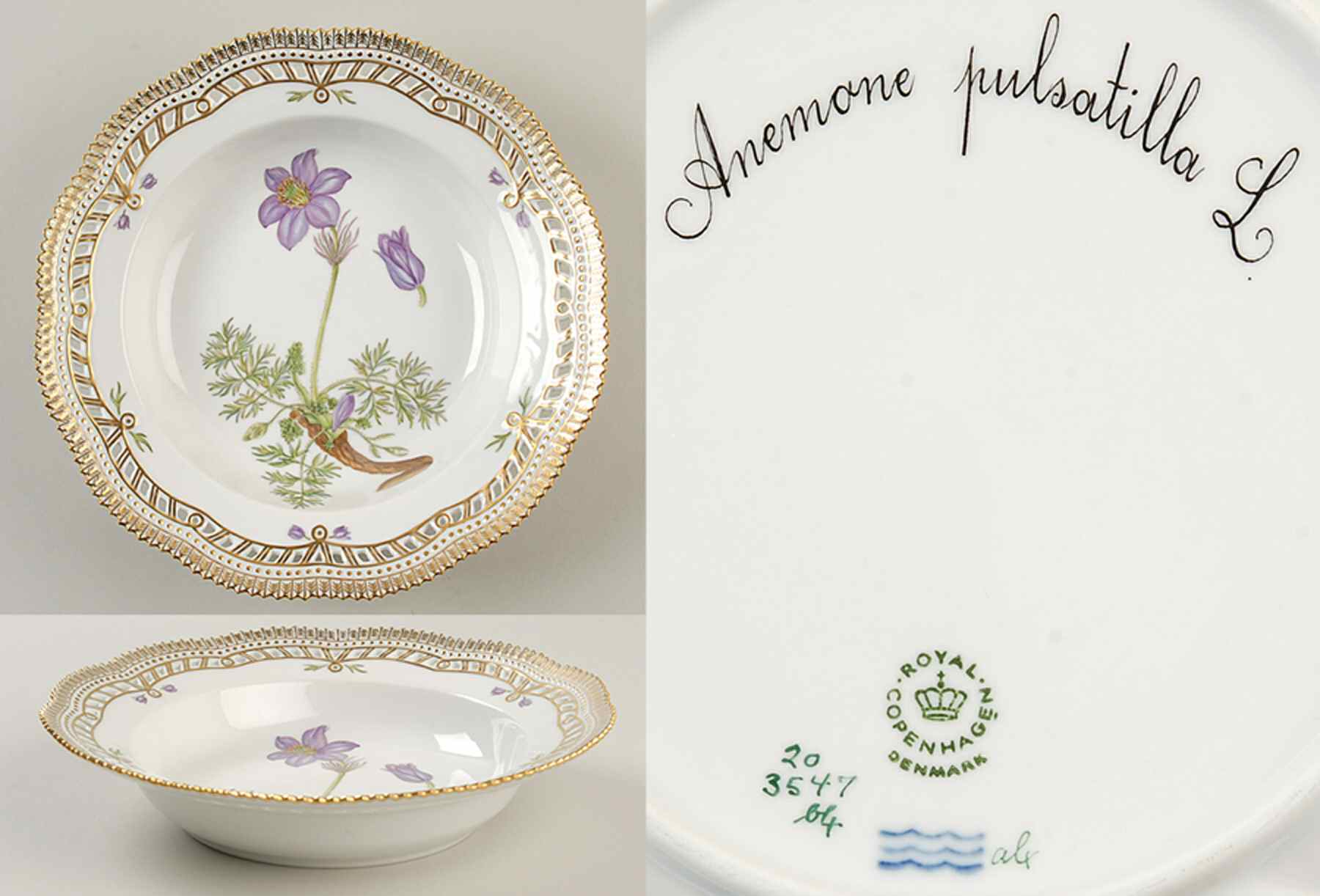 Flora Danica (1961 To Current) Pierced Large Rim Soup Bowl-Anemone pulsatilla L. by Royal Copenhagen-1
