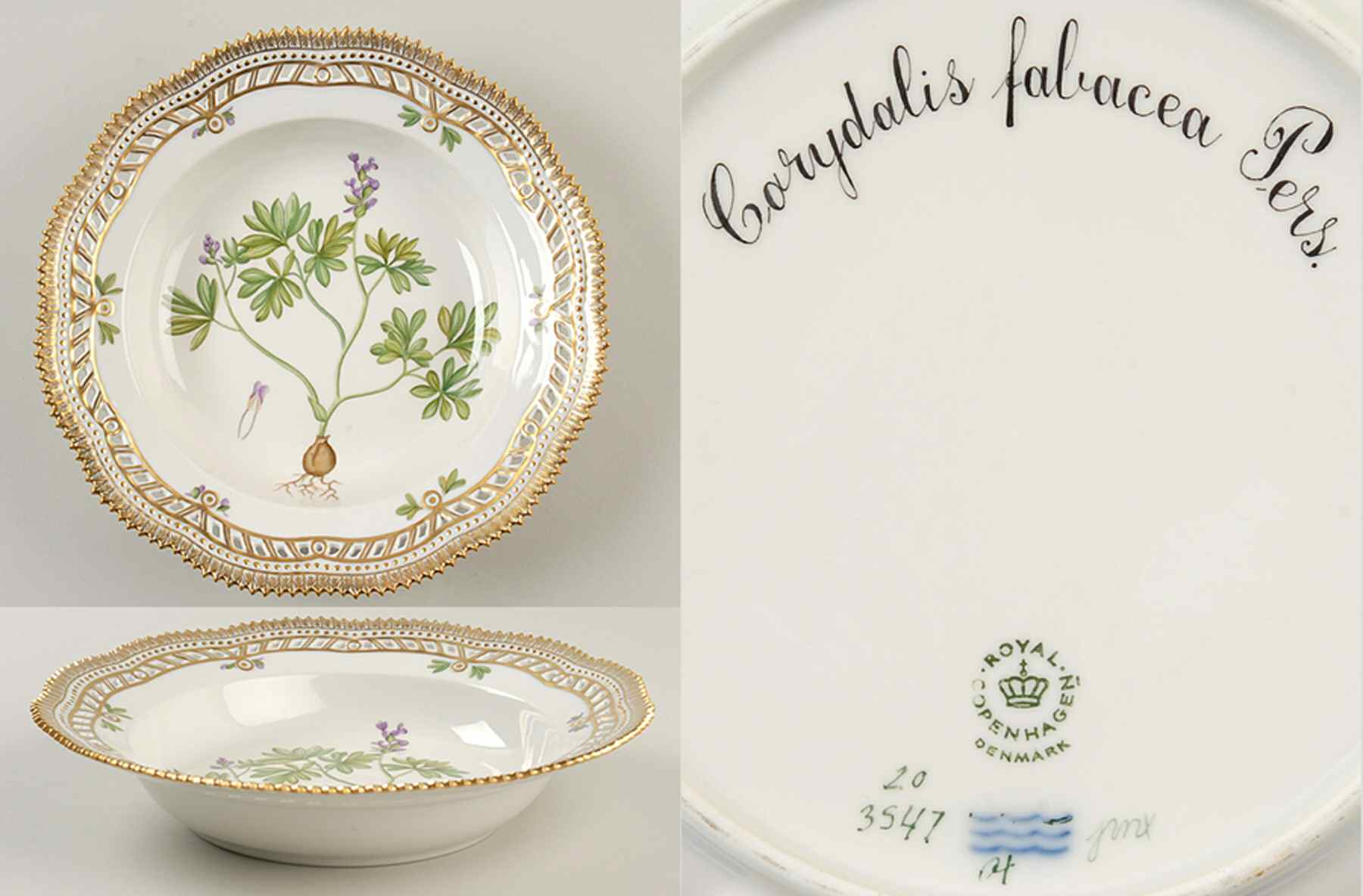 Flora Danica (1961 To Current) Pierced Large Rim Soup Bowl-Corydalis fabacea Pers by Royal Copenhagen-1