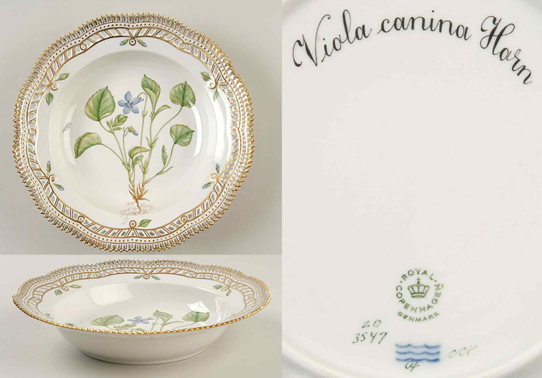 Flora Danica (1961 To Current) Pierced Large Rim Soup Bowl-Viola canina Horn by Royal Copenhagen-1