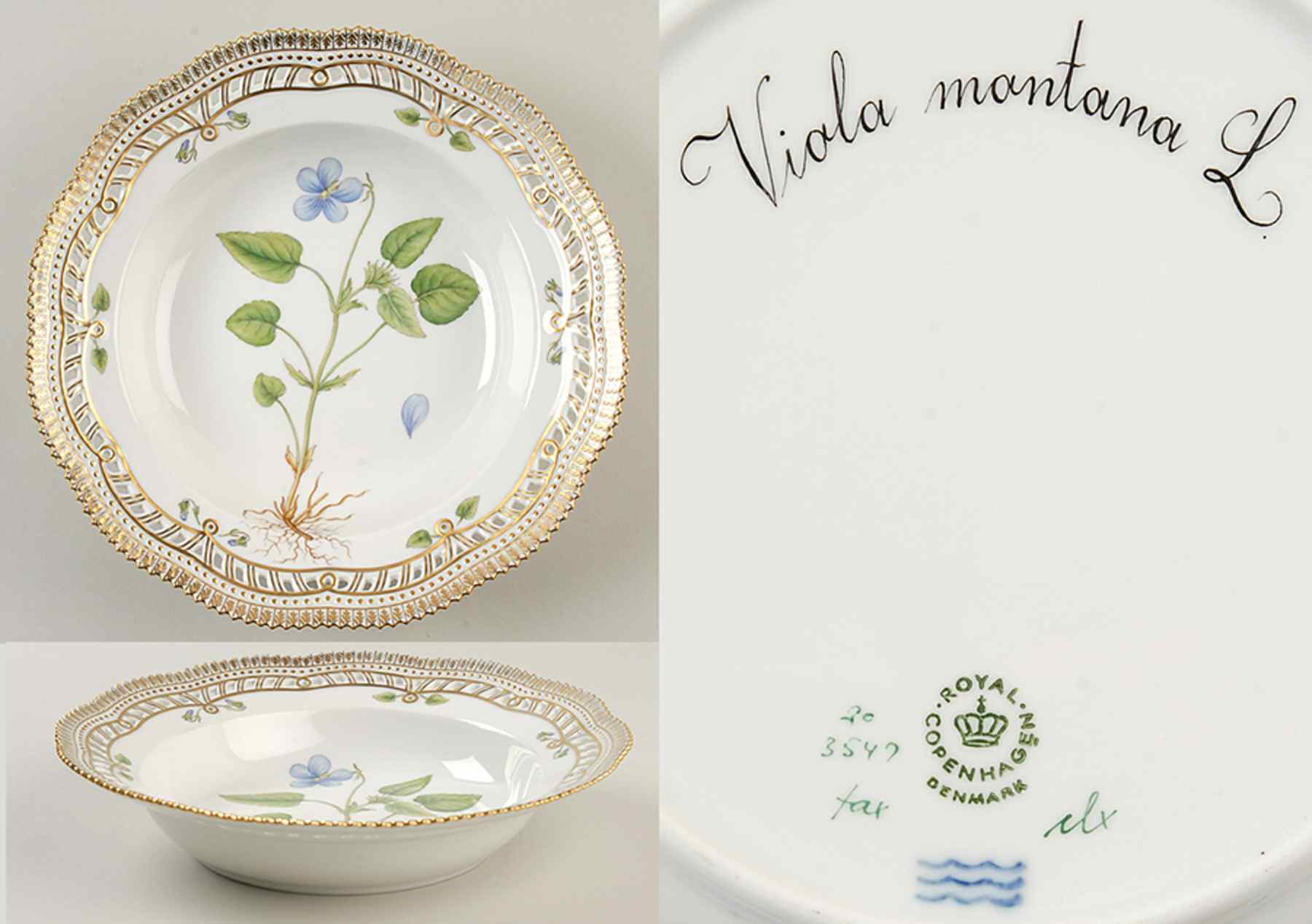 Flora Danica (1961 To Current) Pierced Large Rim Soup Bowl-Viola montana L. by Royal Copenhagen-1