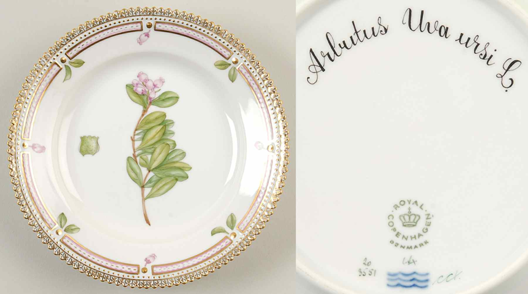 Flora Danica (1961 To Current) Dessert/Pie Plate-Arbutus Uva ursi L. by Royal Copenhagen-1
