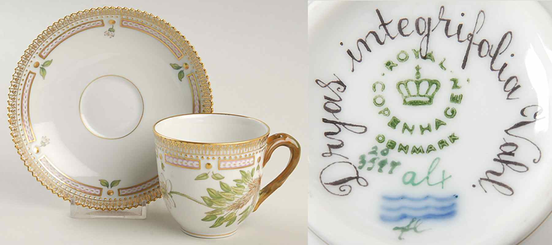 Flora Danica (1961 To Current) Flat Cup & Saucer Set-Dryas integriolia Vahl. by Royal Copenhagen-1