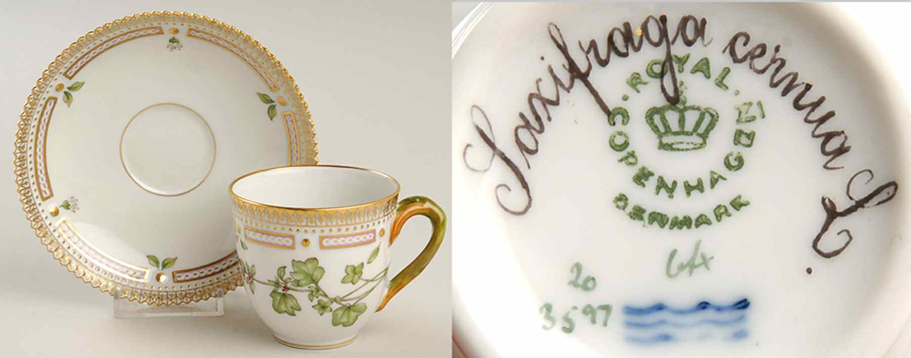Flora Danica (1961 To Current) Flat Cup & Saucer Set-Saxifraga cernua L. by Royal Copenhagen-1