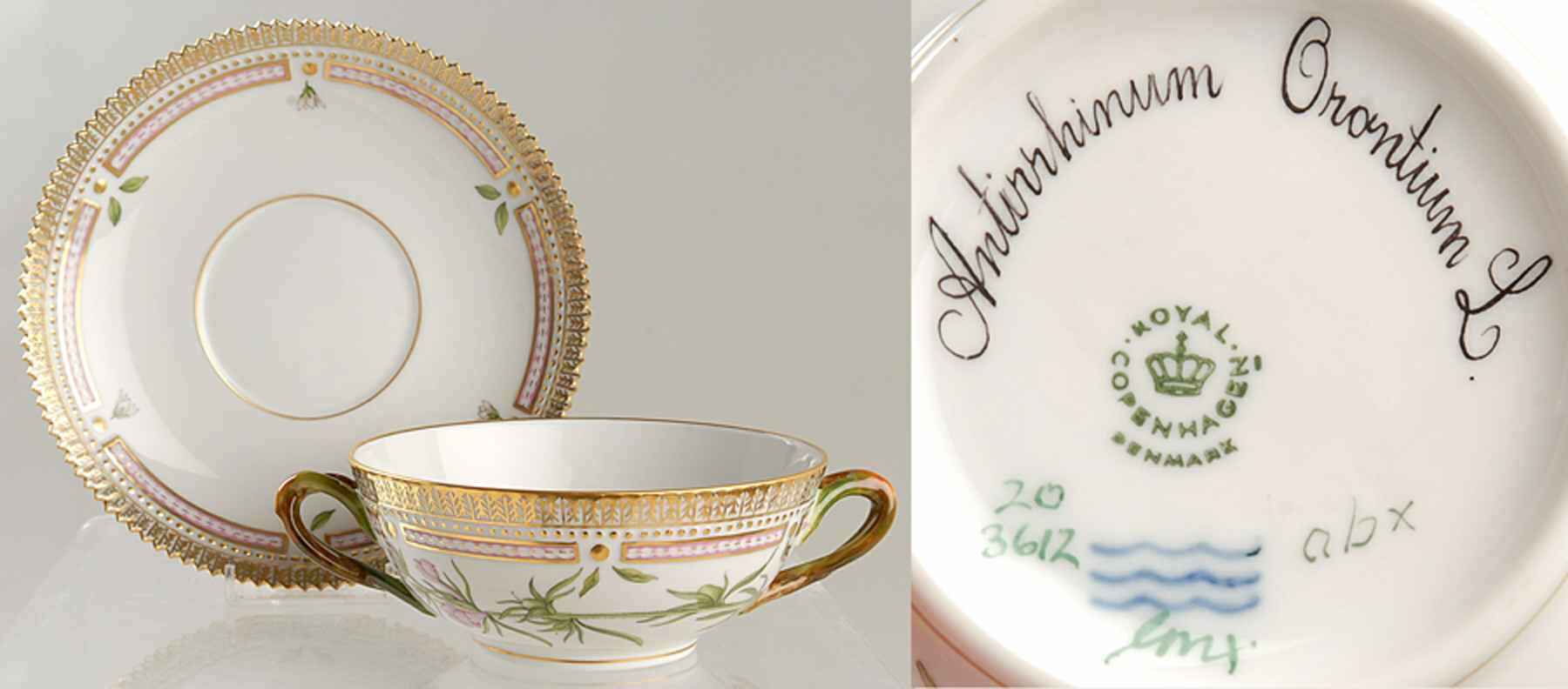Flora Danica (1961 To Current) Flat Cream Soup & Saucer-Antirrhinum Orontium L by Royal Copenhagen-1
