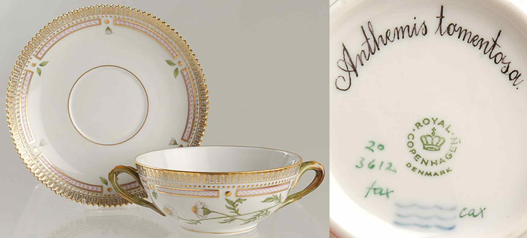 Flora Danica (1961 To Current) Flat Cream Soup & Saucer-Anthemis tomentosa by Royal Copenhagen-1