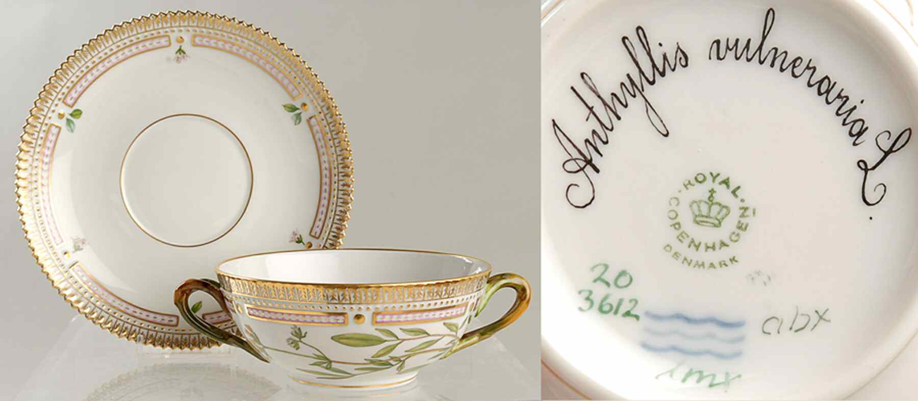 Flora Danica (1961 To Current) Flat Cream Soup & Saucer-Anthyllis vulneraria L by Royal Copenhagen-1