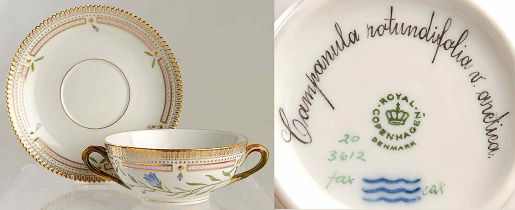 Flora Danica (1961 To Current) Flat Cream Soup & Saucer-Campanula rotundifolia v by Royal Copenhagen-1