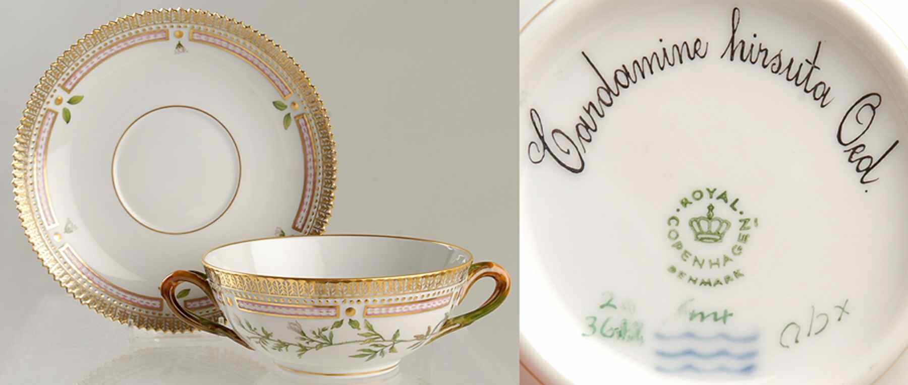 Flora Danica (1961 To Current) Flat Cream Soup & Saucer-Cardamine hirsuta Oed by Royal Copenhagen-1