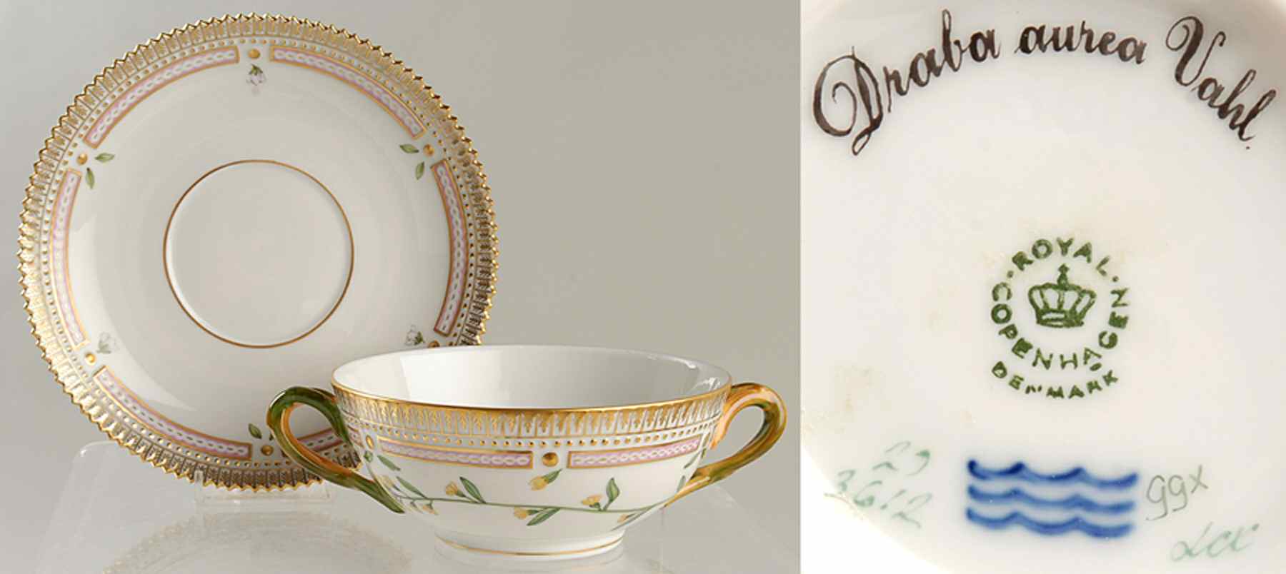 Flora Danica (1961 To Current) Flat Cream Soup & Saucer-Draba aurea Vahl by Royal Copenhagen-1
