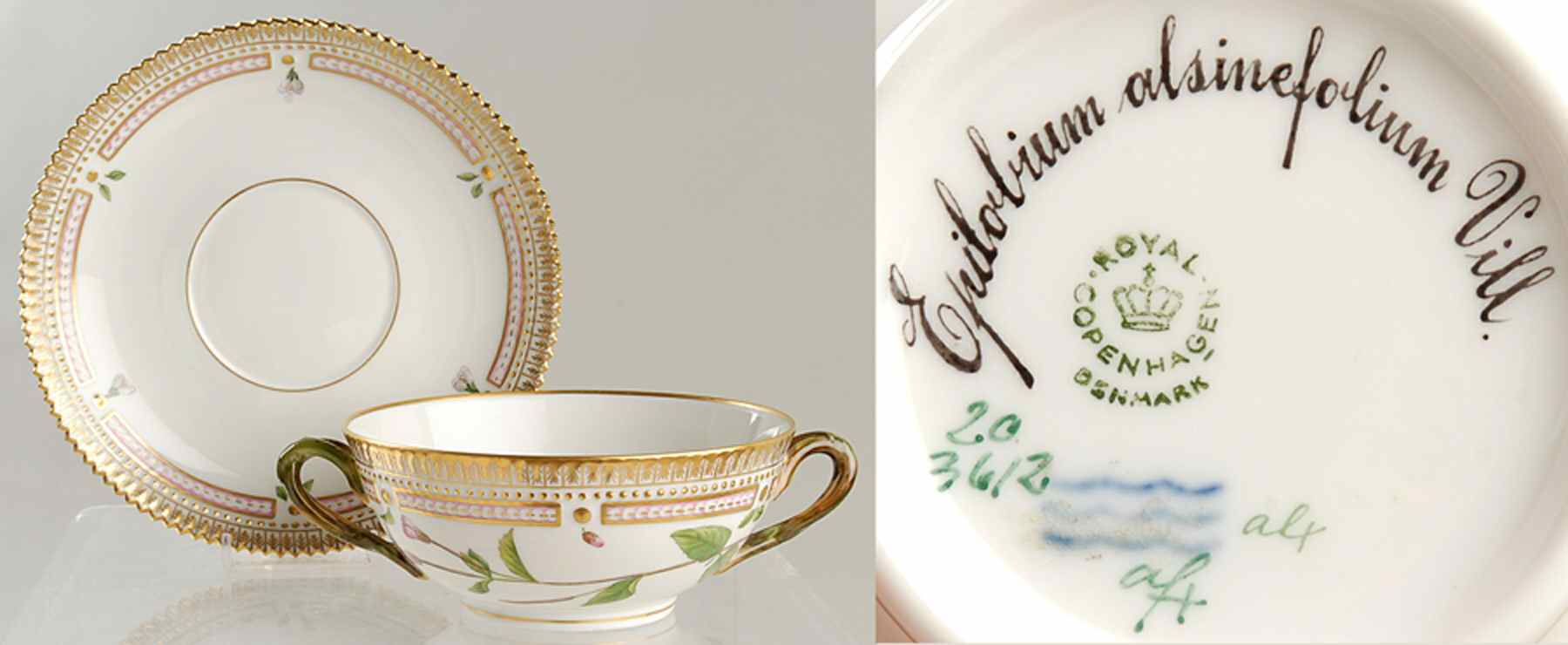 Flora Danica (1961 To Current) Flat Cream Soup & Saucer-Epilobium alsinefolium Vi by Royal Copenhagen-1