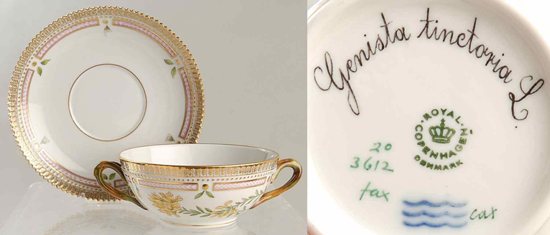Flora Danica (1961 To Current) Flat Cream Soup & Saucer-Genista tinctoria L by Royal Copenhagen-1