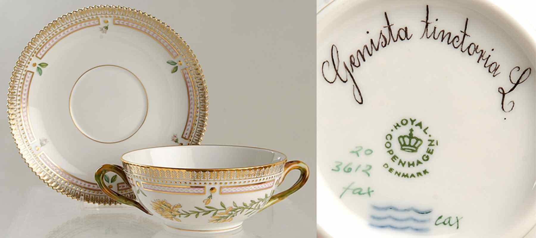 Flora Danica (1961 To Current) Flat Cream Soup & Saucer-Genista tinctoria L by Royal Copenhagen-1