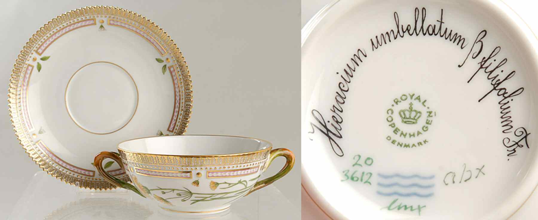 Flora Danica (1961 To Current) Flat Cream Soup & Saucer-Hieracium umbellatum B fi by Royal Copenhagen-1