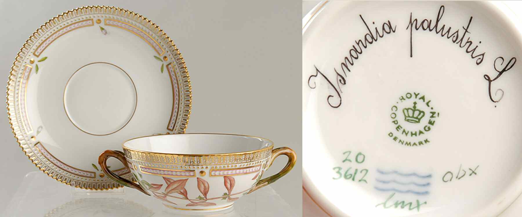 Flora Danica (1961 To Current) Flat Cream Soup & Saucer-Isnardia palustris L by Royal Copenhagen-1