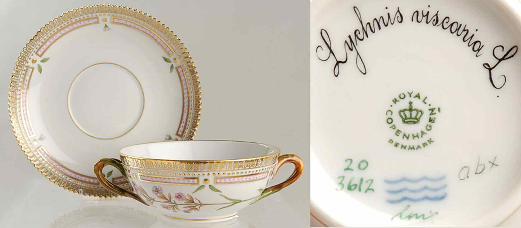 Flora Danica (1961 To Current) Flat Cream Soup & Saucer-Lychnis viscaria L by Royal Copenhagen-1