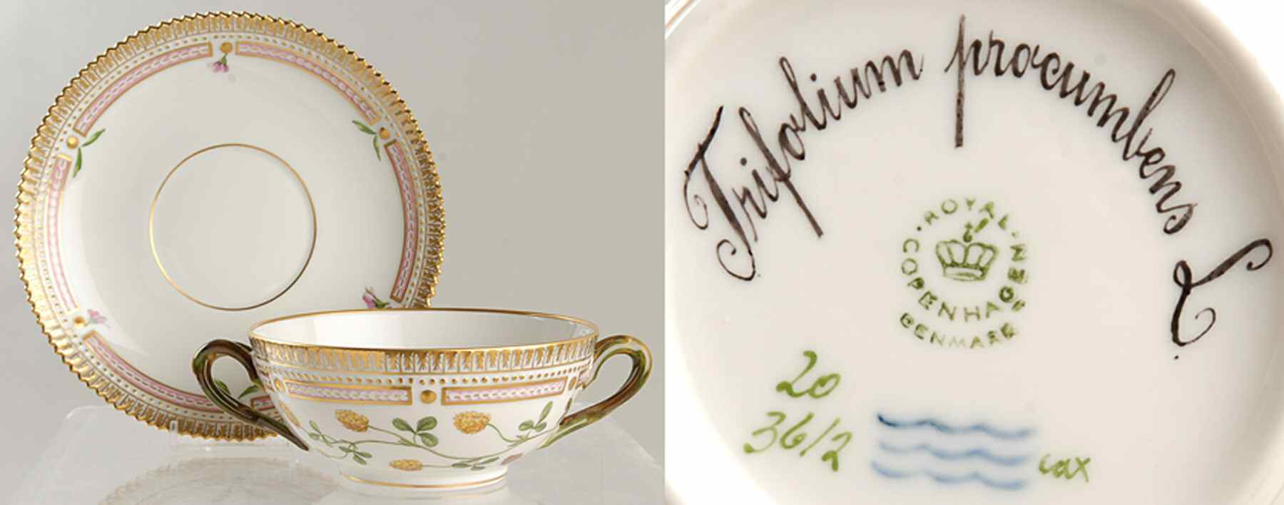 Flora Danica (1961 To Current) Flat Cream Soup & Saucer-Trifolium procumbens L by Royal Copenhagen-1