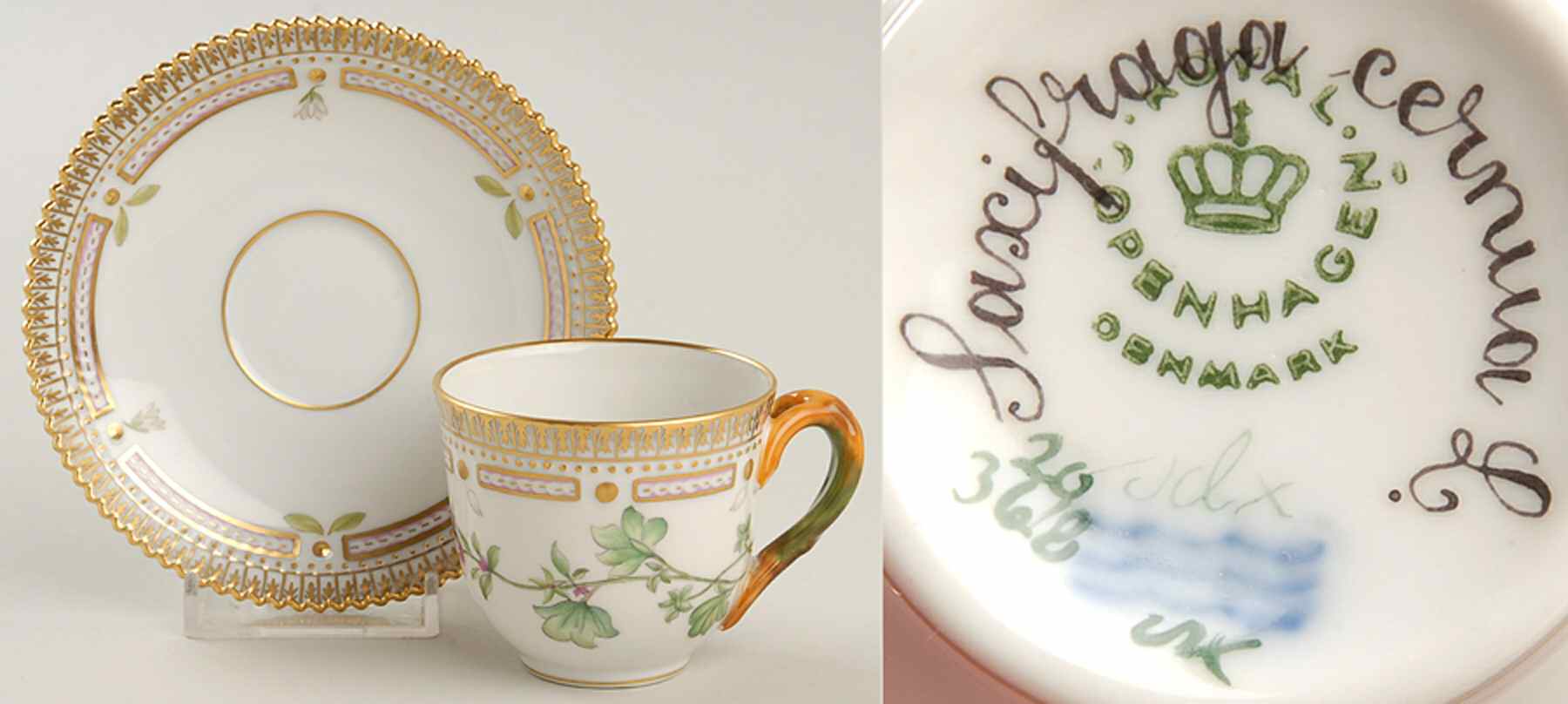 Flora Danica (1961 To Current) Flat Demitasse Cup & Saucer-Sascifraga cernua L. by Royal Copenhagen-1