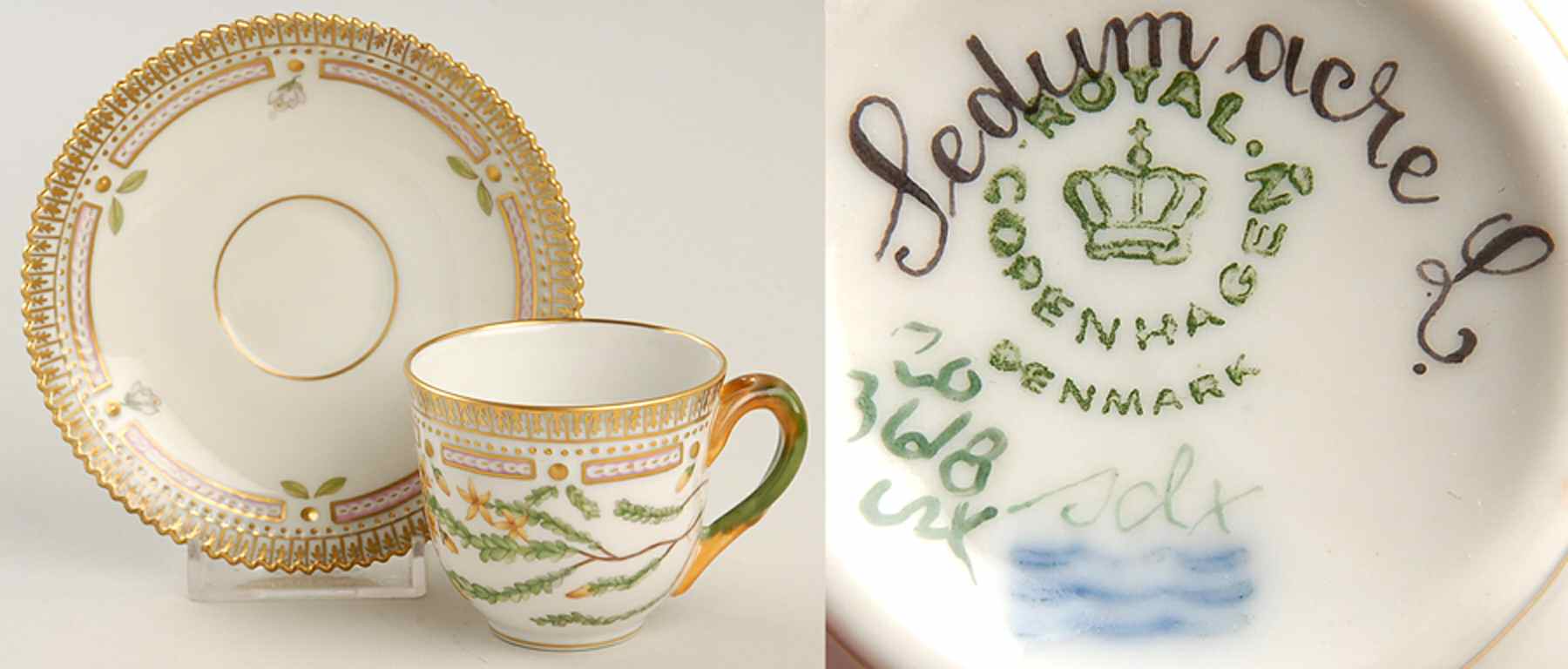 Flora Danica (1961 To Current) Flat Demitasse Cup & Saucer-Sedum acre L. by Royal Copenhagen-1